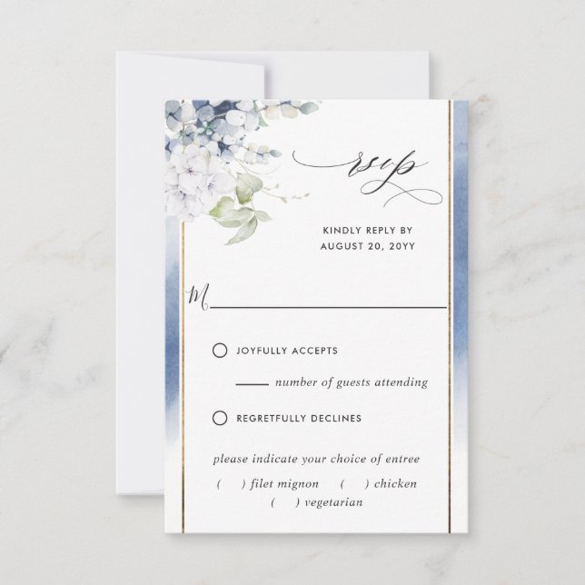 Elegantes Dusty Blue, mit/außerhalb der Essenszeit RSVP Karte (Vorderseite)