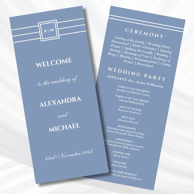 Elegantes Dusty Blue Monogram Modern Wedding Progr Programm (Von Creator hochgeladen)