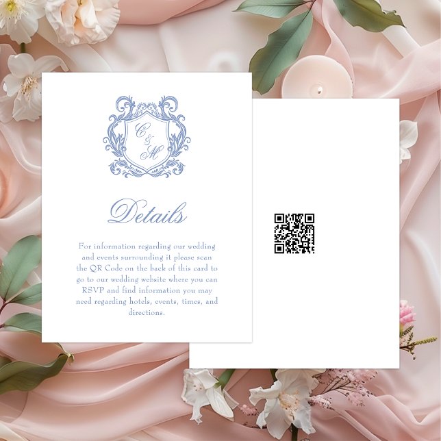 Elegantes Dusty Blue Monogram Wappen Hochzeitdetai Begleitkarte (Von Creator hochgeladen)