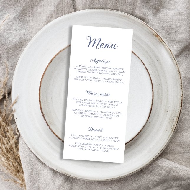 Elegantes Dusty Blue Ocean Sea Brautparty Menükarte (Elegant Dusty Blue Ocean Sea Bridal Shower Menu)