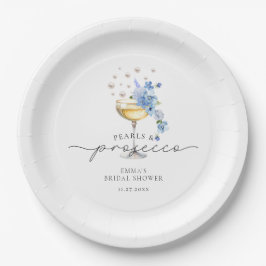 Elegantes Dusty Blue Pearls & Prosecco Brautparty Pappteller