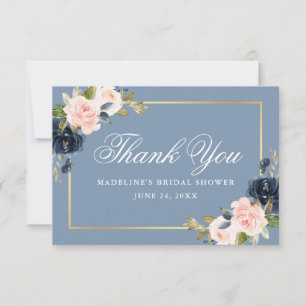 Elegantes Dusty Blue Pink Floral Gold Brautparty Dankeskarte