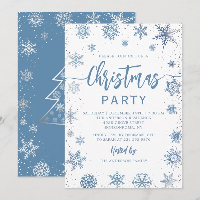 Elegantes Dusty Blue Snowflakes Weihnachts-Party Einladung (Vorne/Hinten)