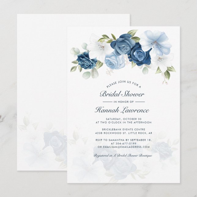 Elegantes Dusty Blue Watercolor Brautparty Einladung (Vorne/Hinten)