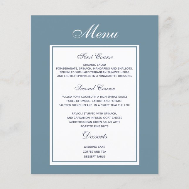 Elegantes Dusty Blue Wedding Menu (Vorderseite)