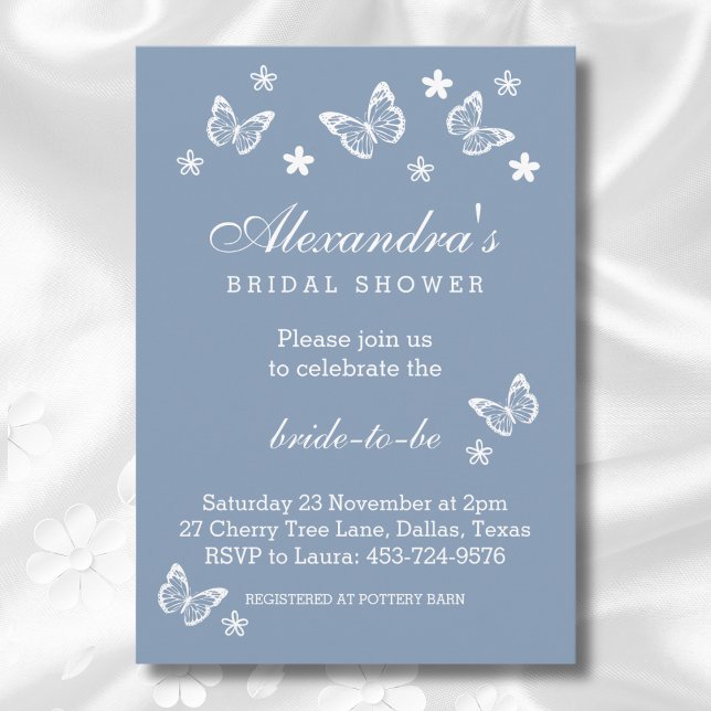 Elegantes Dusty Blue White Butterfly Brautparty Einladung (Von Creator hochgeladen)