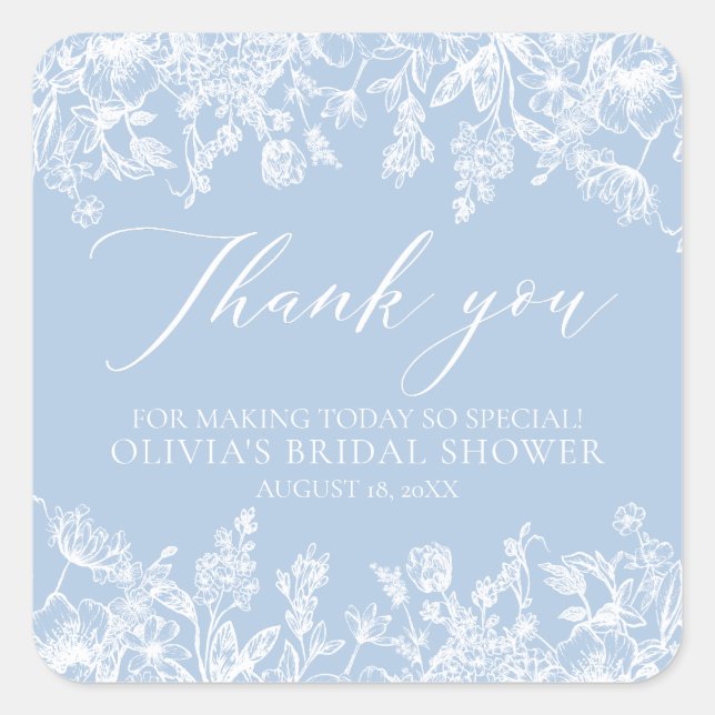 Elegantes Dusty Blue White Floral Brautparty Quadratischer Aufkleber (Vorderseite)