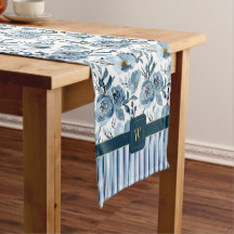Elegantes Dusty Blue & White Floral Stripe Monogra
