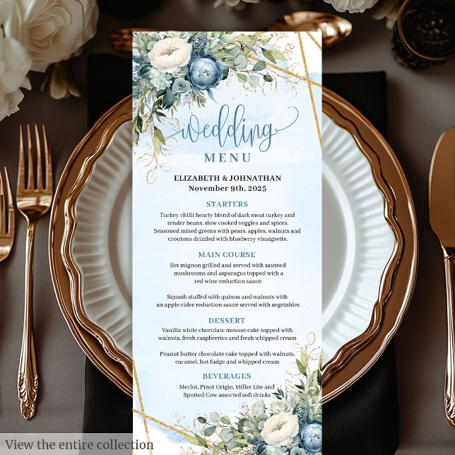 Elegantes Dusty Blue White Gold Floral Wedding Men Menükarte (Elegant Dusty Blue Peonies Gold Frame Wedding Menu

)