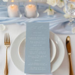 Elegantes Dusty Blue & White Wedding Menu Menükarte<br><div class="desc">Dieses sehr elegante Hochzeitsmenü verleiht Ihrem Fest ein raffiniertes und luftiges Ambiente. Es ist in weichem staubblauen Blau mit minimalistischer Serifentypografie konzipiert und eignet sich ideal für Feiern am Strand, Gartenfeiern, Empfang oder jede Veranstaltung mit einer entspannten, raffinierten Ästhetik. Personalisieren Sie dieses bearbeitbare Menü durch Klicken auf "Details". Klicken Sie...</div>