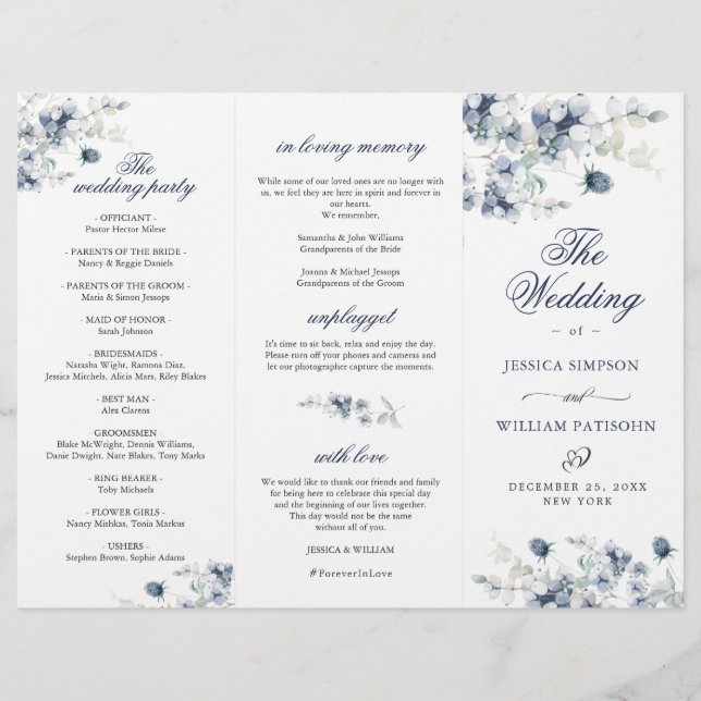 Elegantes Dusty Blue Winter Hochzeitsprogramm (Vorderseite)