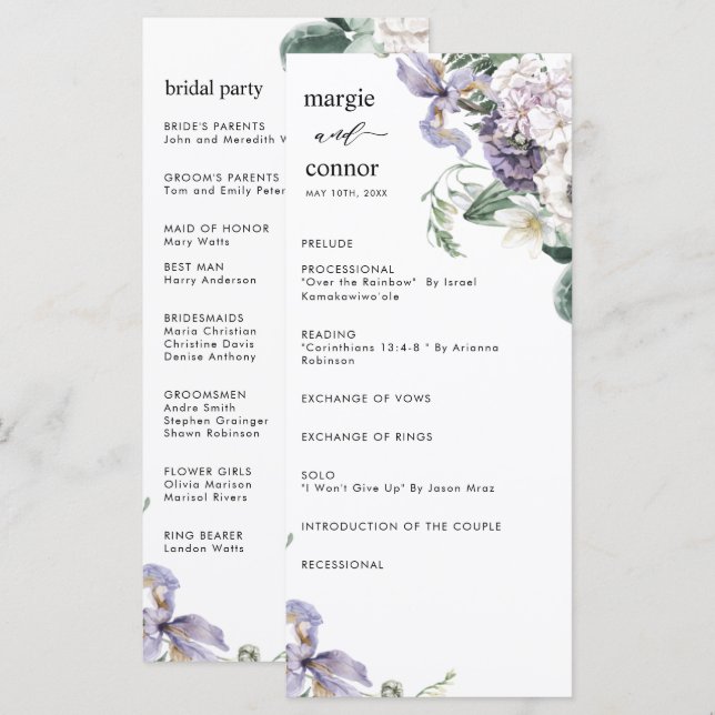 Elegantes Dusty Lila Floral Wedding Programm (Vorne/Hinten)