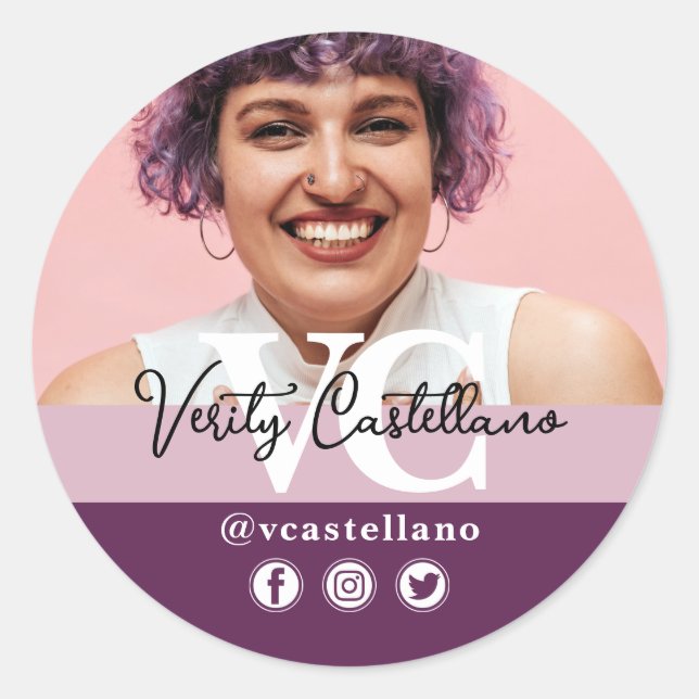 Elegantes Dusty Mauve Script Name & Custom Foto Runder Aufkleber (Vorderseite)