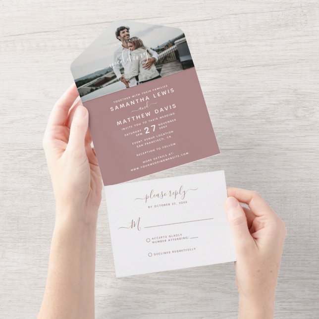 Elegantes Dusty Pink Calligraphy Foto Wedding All In One Einladung (Abreißen)
