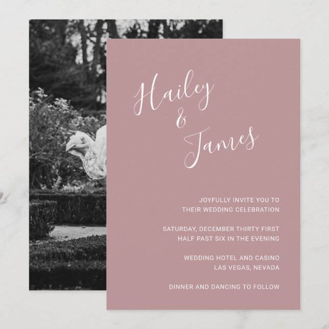 Elegantes Dusty Rose Foto Moderne Hochzeit Einladung (Vorne/Hinten)
