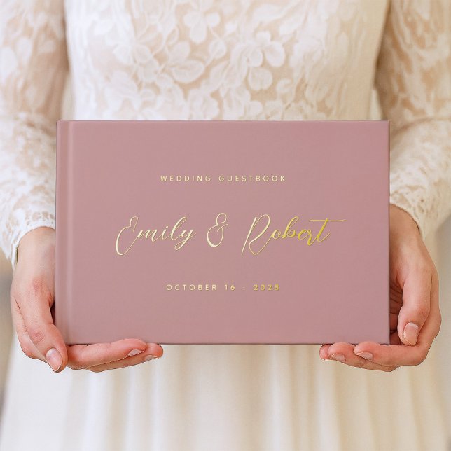 Elegantes Dusty Rose Gold Calligraphy Wedding Foto Gästebuch (Von Creator hochgeladen)