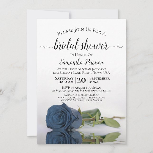 Elegantes Dusty Steel Blue Rose Brautparty Einladung (Vorderseite)