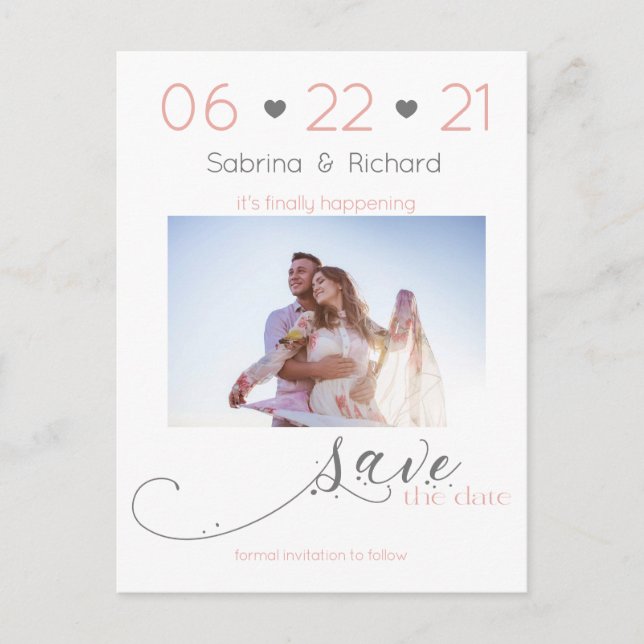 Elegantes Ein Foto Minimalistisch Blush Save the D Postkarte (Vorderseite)