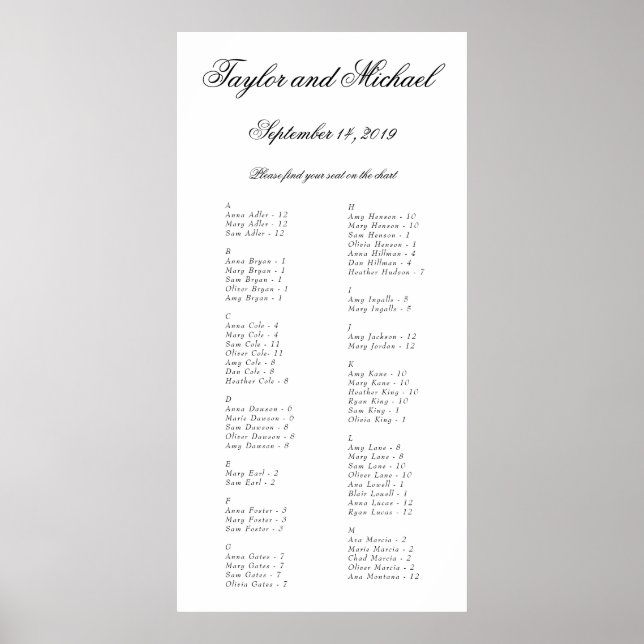 Elegantes einfaches Alphabetisches Sitzdiagramm A- Poster (Vorne)