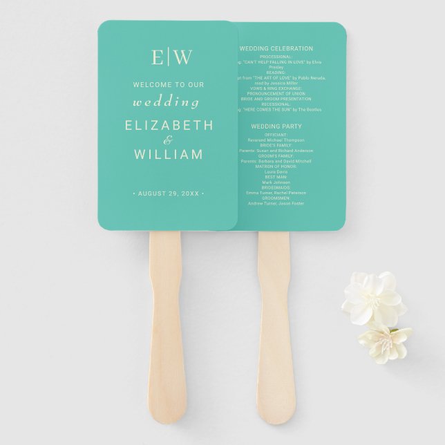 Elegantes einfaches Aquatic Awe mit Monogram Weddi Fächer (Vorne und Hinten)