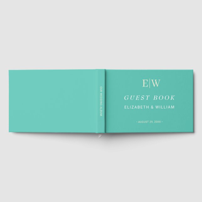 Elegantes einfaches Aquatic Awe mit Monogram Weddi Gästebuch (Voll)