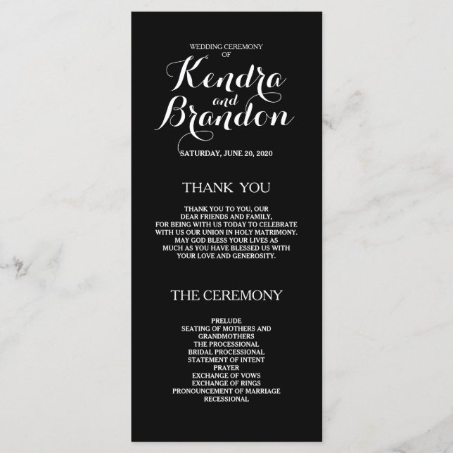 Elegantes einfaches Black Custom Wedding Programm (Vorderseite)