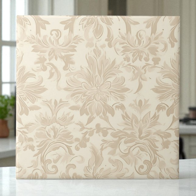 Elegantes einfaches florales Damast-Weichbeige Fliese (Von Creator hochgeladen)