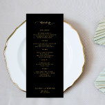 Elegantes, einfaches Goldtypografie-schwarzes Hoch Menükarte<br><div class="desc">Moody schwarz modische minimalistische Imitate Gold Kalligrafie benutzerdefinierte Text Vorlage Hochzeitsmenü Karte.</div>