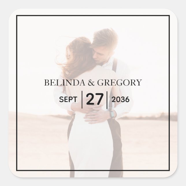 Elegantes Einfaches Minimalistisches Foto Hochzeit Quadratischer Aufkleber (Vorderseite)