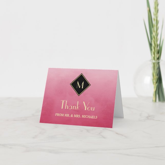 Elegantes einfaches Rosa mit Gold Monogram Vielen  Dankeskarte (Vorderseite)