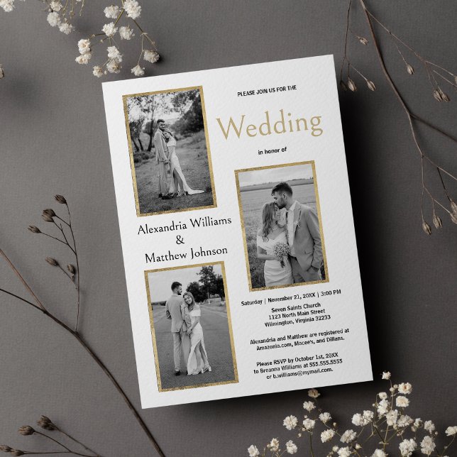 Elegantes Einfaches Schwarz-weißes Gold Foto Hochz Einladung (Elegant Simple Black White Gold Photo Wedding )