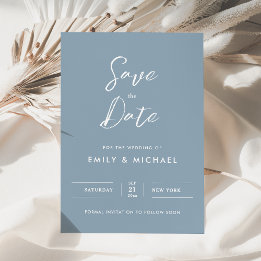 Elegantes einfaches Skript Staubblau Hochzeit Save The Date
