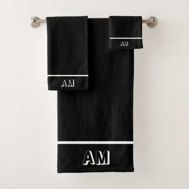 Elegantes einfaches weißes Monogramm auf schwarz Badhandtuch Set (Insitu)