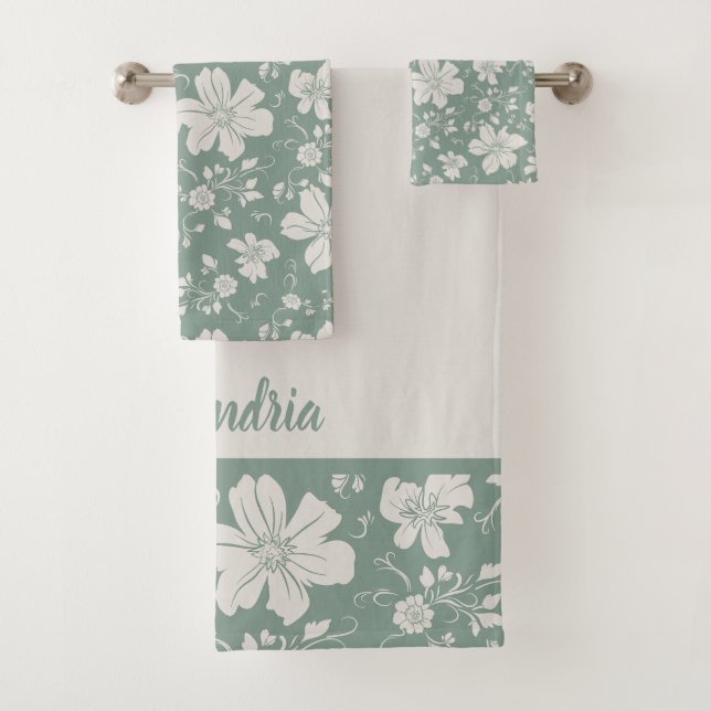 elegantes, einfarbiges Blumenmuster grün Badhandtuch Set (Insitu)