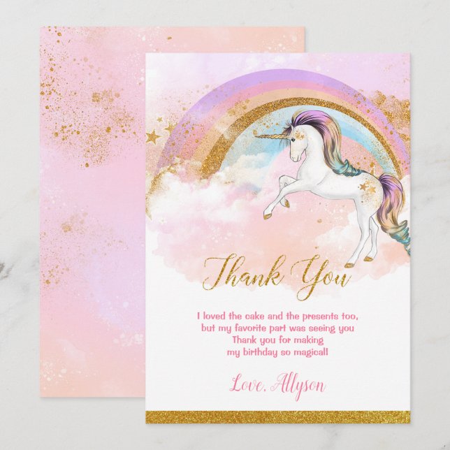 Elegantes Einhorn danke Karten rosa Gold Regenboge (Vorne/Hinten)