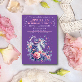 Elegantes Einhorn Hübsche rosa lila Mädchen Geburt Einladung