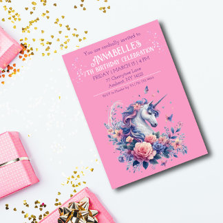 Elegantes Einhorn Hübsche rosa lila Mädchen Geburt Einladung