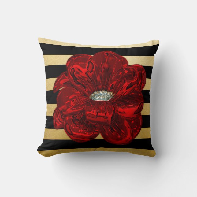 Elegantes einzigartiges schwarzes Gold blühte Rote Kissen (Vorderseite)