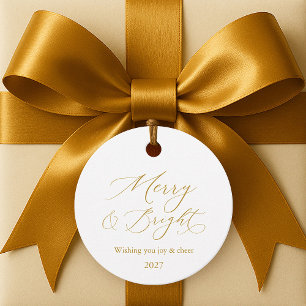 Elegantes Elfenbein „Merry & Bright“ Goldschrift  Geschenkanhänger