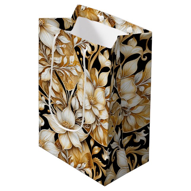 Elegantes Elfenbein und B; Blätterzwirnpapier Mittlere Geschenktüte (Vorderseite Schrägansicht)