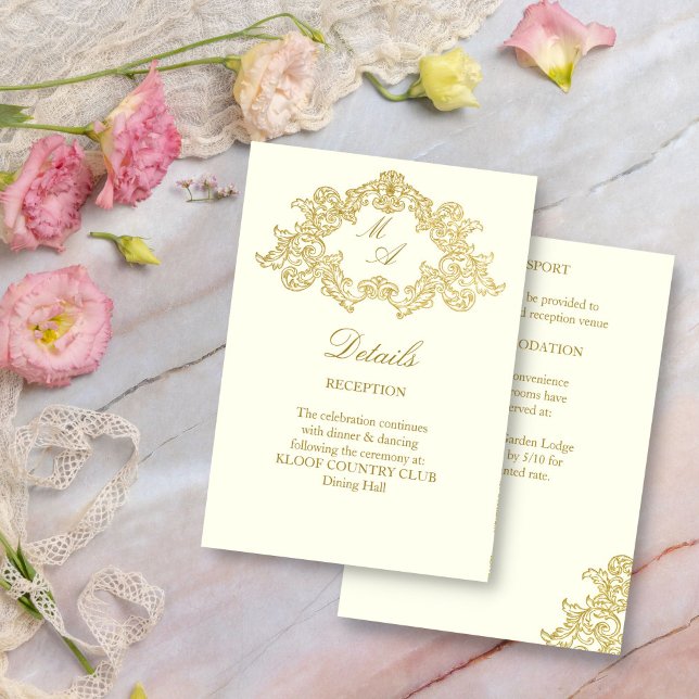 Elegantes Elfenbein und goldene Jahrgangsdetails Begleitkarte (Elegant ivory and gold vintage ornate frame wedding details enclosure card)