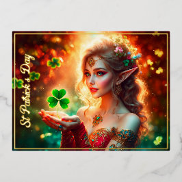 Elegantes Elfmädchen St Patrick's Day Blumensonne Folien Feiertagspostkarte