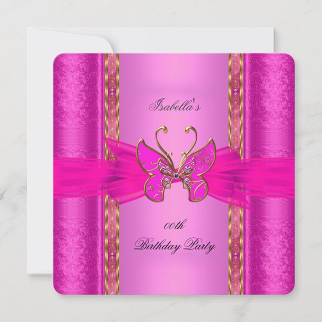 Elegantes Elite Hot Pink Gold Butterfly Party Einladung (Vorderseite)