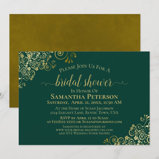 Elegantes Emerald & Gold Lace Frills Brautparty Einladung (Vorne/Hinten)