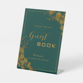 Elegantes Emerald Green & Gold Floral Gästebuchzei Sockelschild