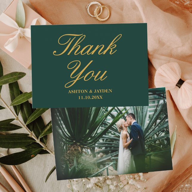 Elegantes Emerald Green Gold Foto Hochzeit Dankeskarte (Elegant Emerald Green Gold Photo Wedding Thank You Card
)