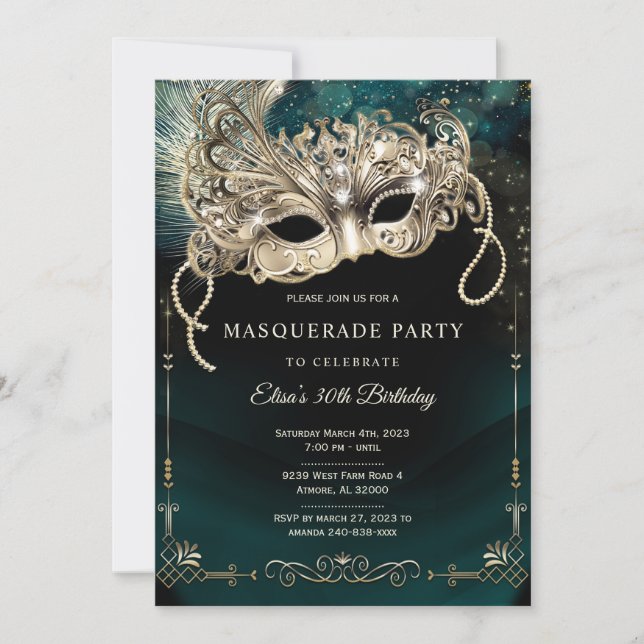 Elegantes Emerald Green Gold Masquerade Party Einladung (Vorderseite)