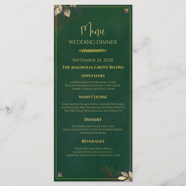 Elegantes Emerald Green & Gold Wedding Dinner Menü Menükarte (Vorderseite)