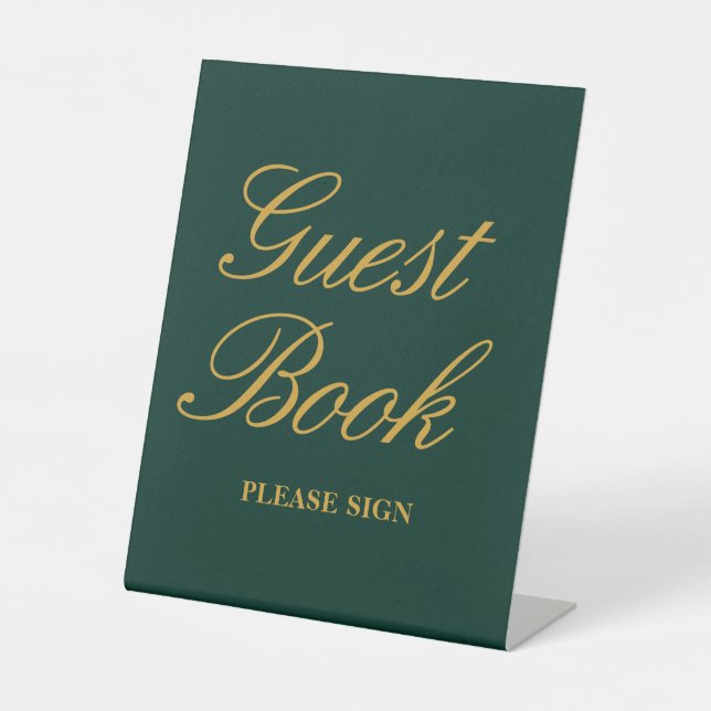 Elegantes Emerald Green Gold Wedding Gästebuch Sockelschild (Vorderseite)