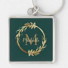 Elegantes Emerald Green Gold Wreath Name Monogram Schlüsselanhänger